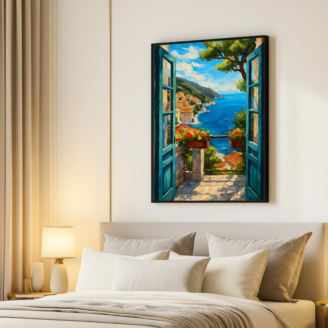 Gallery-ready coastal view with open window and balcony