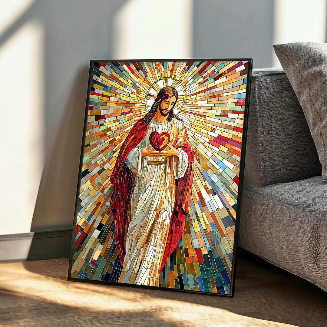 Side angle showing wood backing, frame depth, and metal hanging hardware for the mosaic art