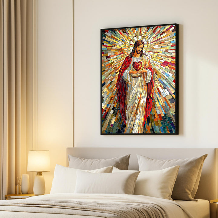 Sacred Heart mosaic displayed above a prayer corner, demonstrating scale in a home setting