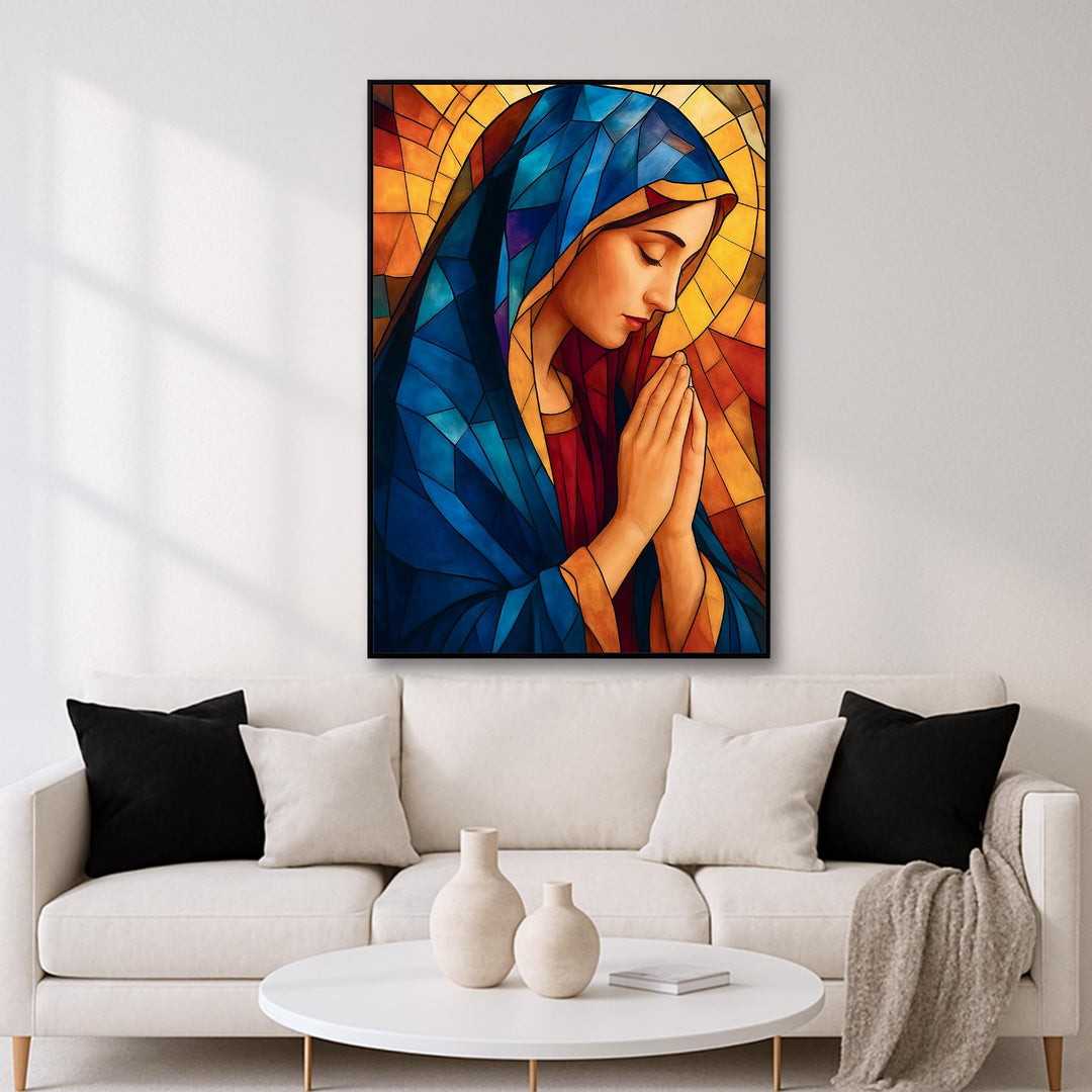 Close-up detail of Virgin Mary’s face and halo in stained glass inspired art print