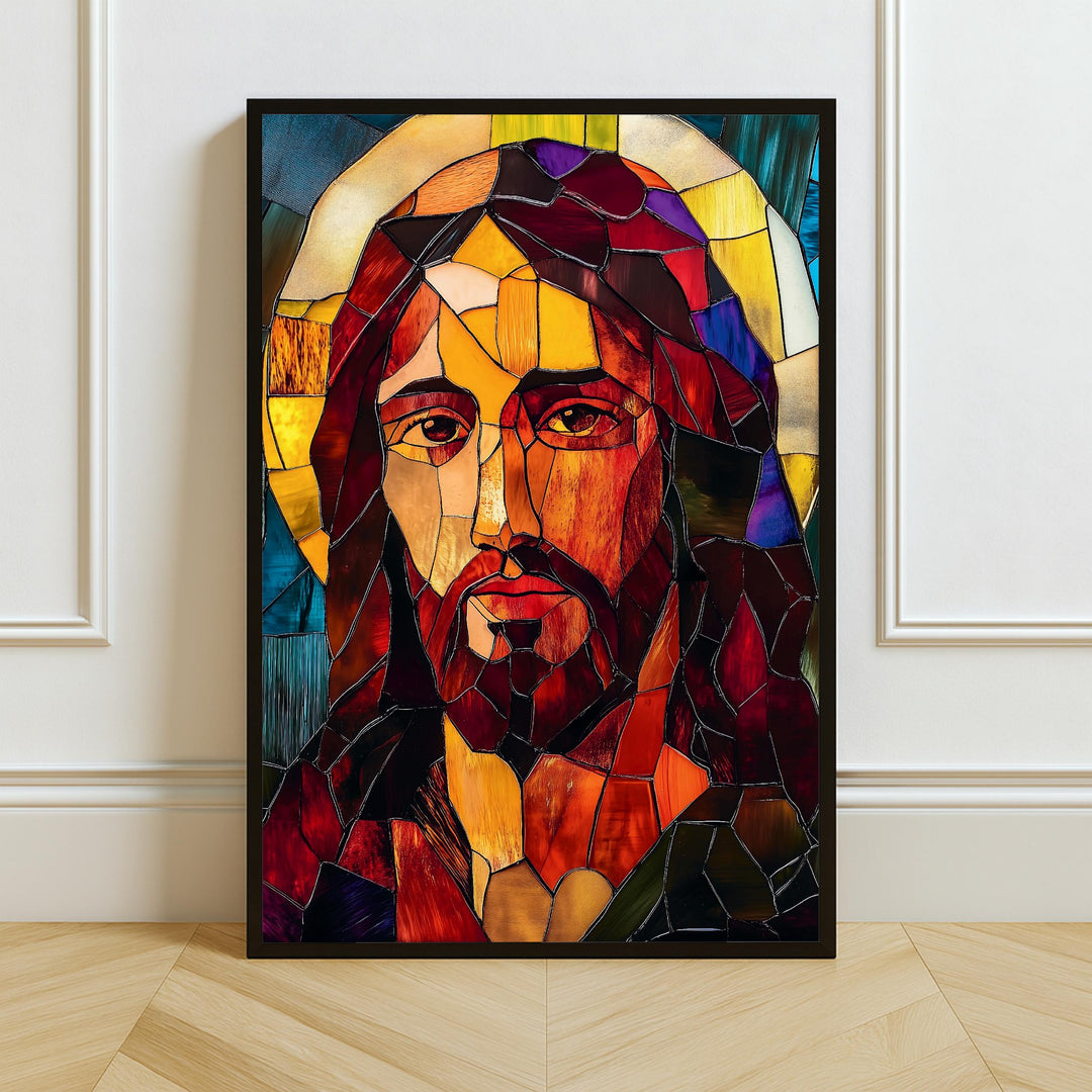 Close-up stained glass portrait of Jesus with vibrant blues and reds and detailed lead lines
