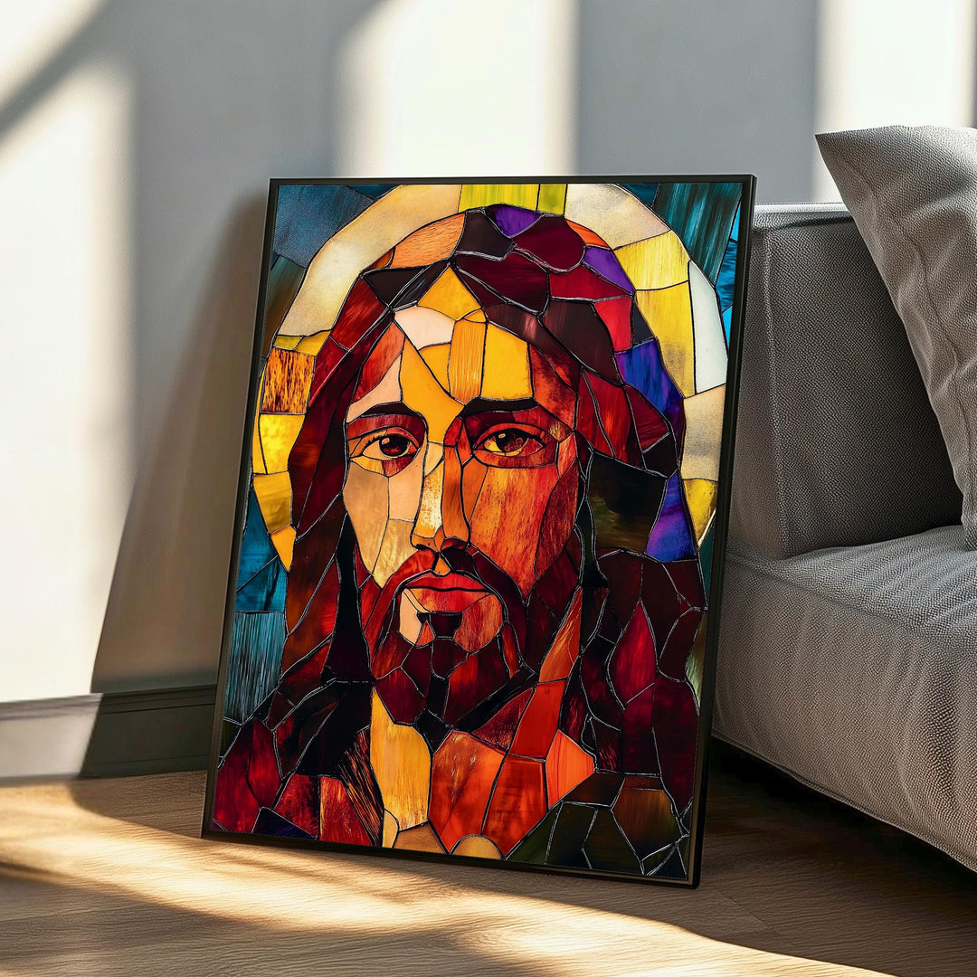Side view showing frame depth and protective backing of the stained glass artwork