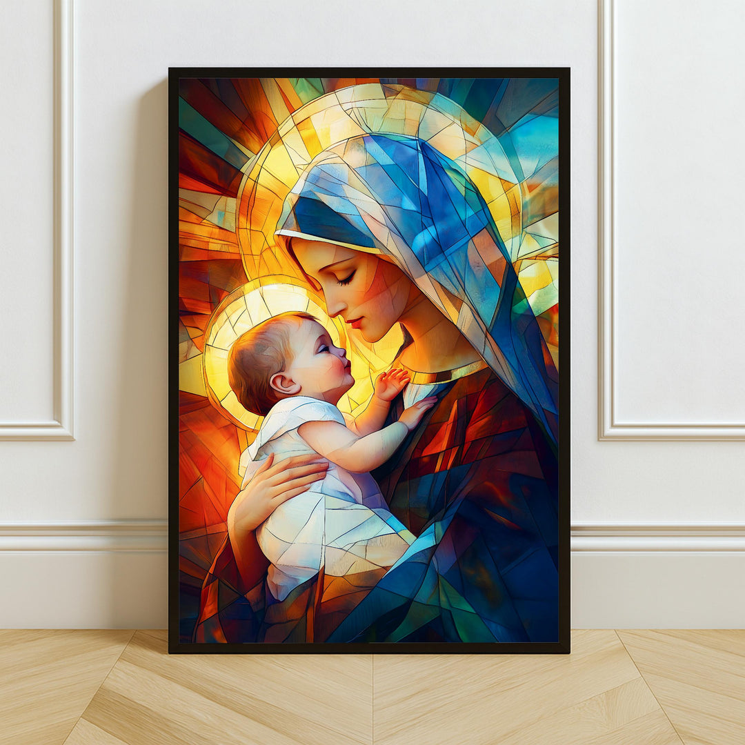 Full view of Mary and Jesus stained glass wall art print on neutral background