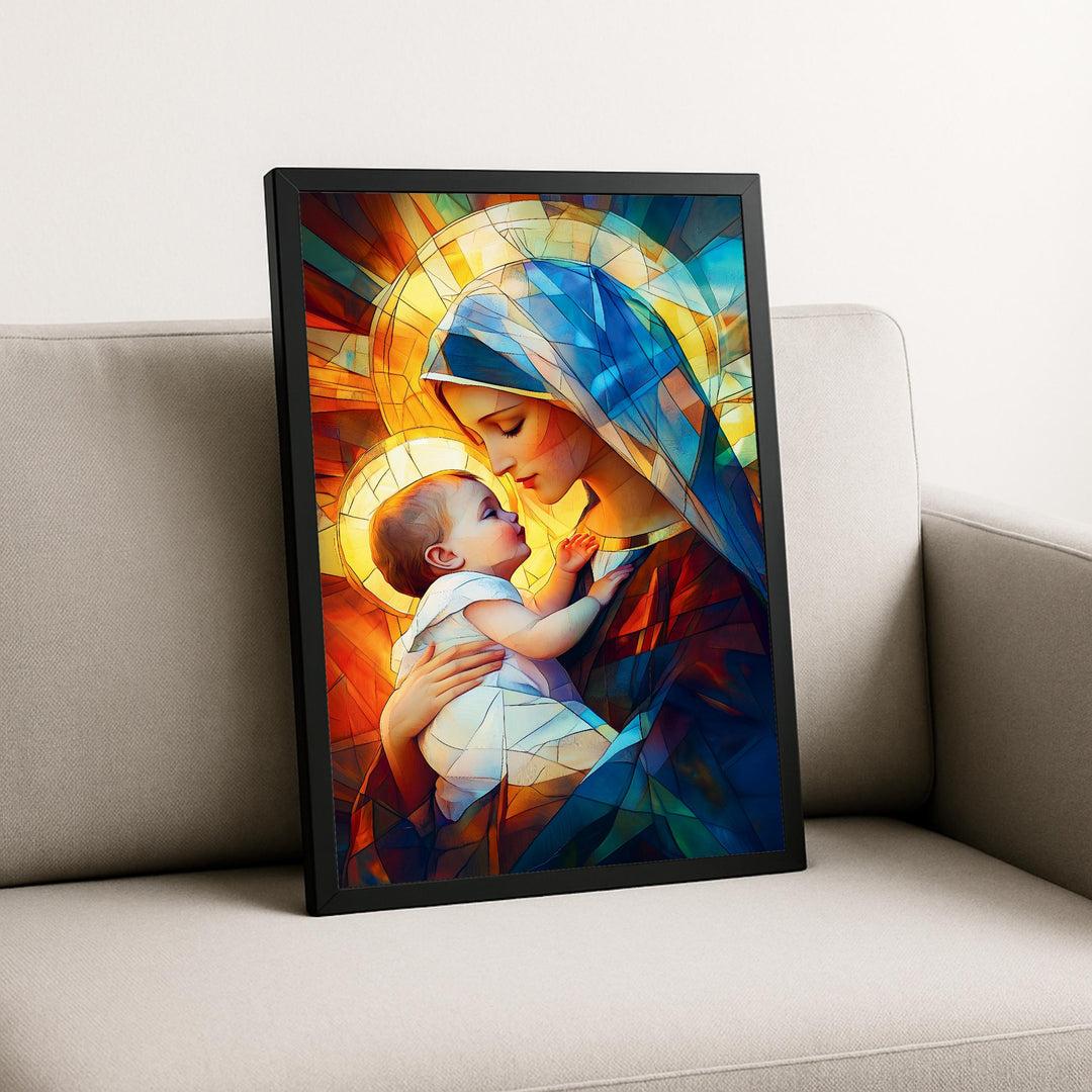 Detail view of Mary and the child Jesus faces showcasing printed texture