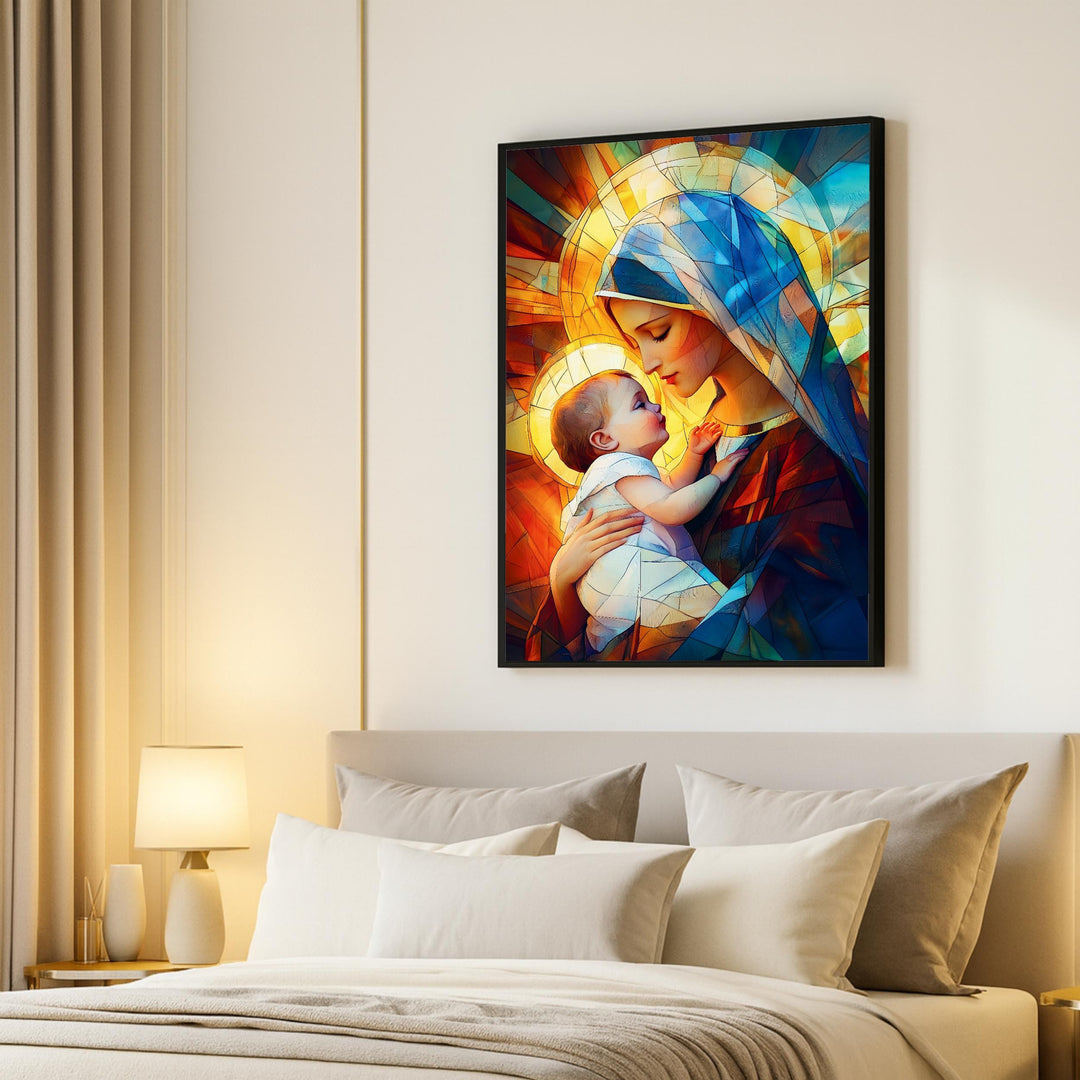 Lifestyle image showing scale of Mary and Jesus print on a gallery wall