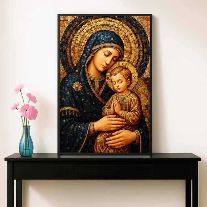 Madonna and Child artwork showing textured mosaic effect and rich color palette