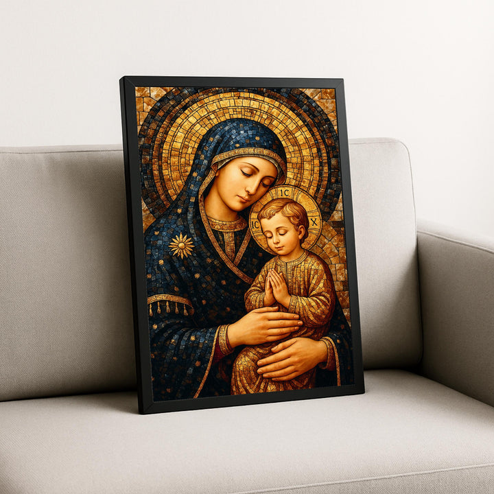 Printed detail highlighting gold accents and fine patterning on Virgin Mary art