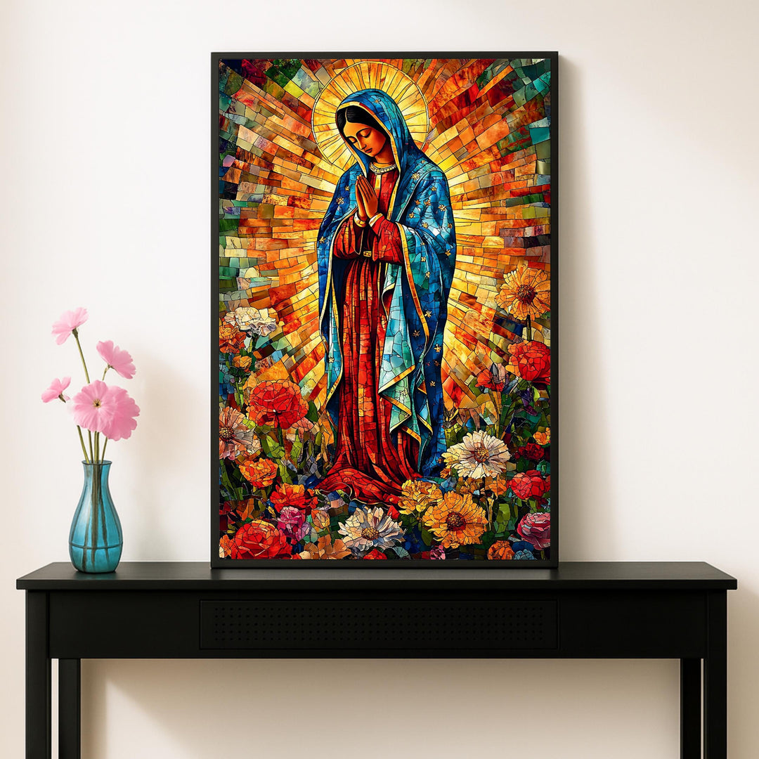 Framed Our Lady of Guadalupe wall art displayed above a mantel in a living room