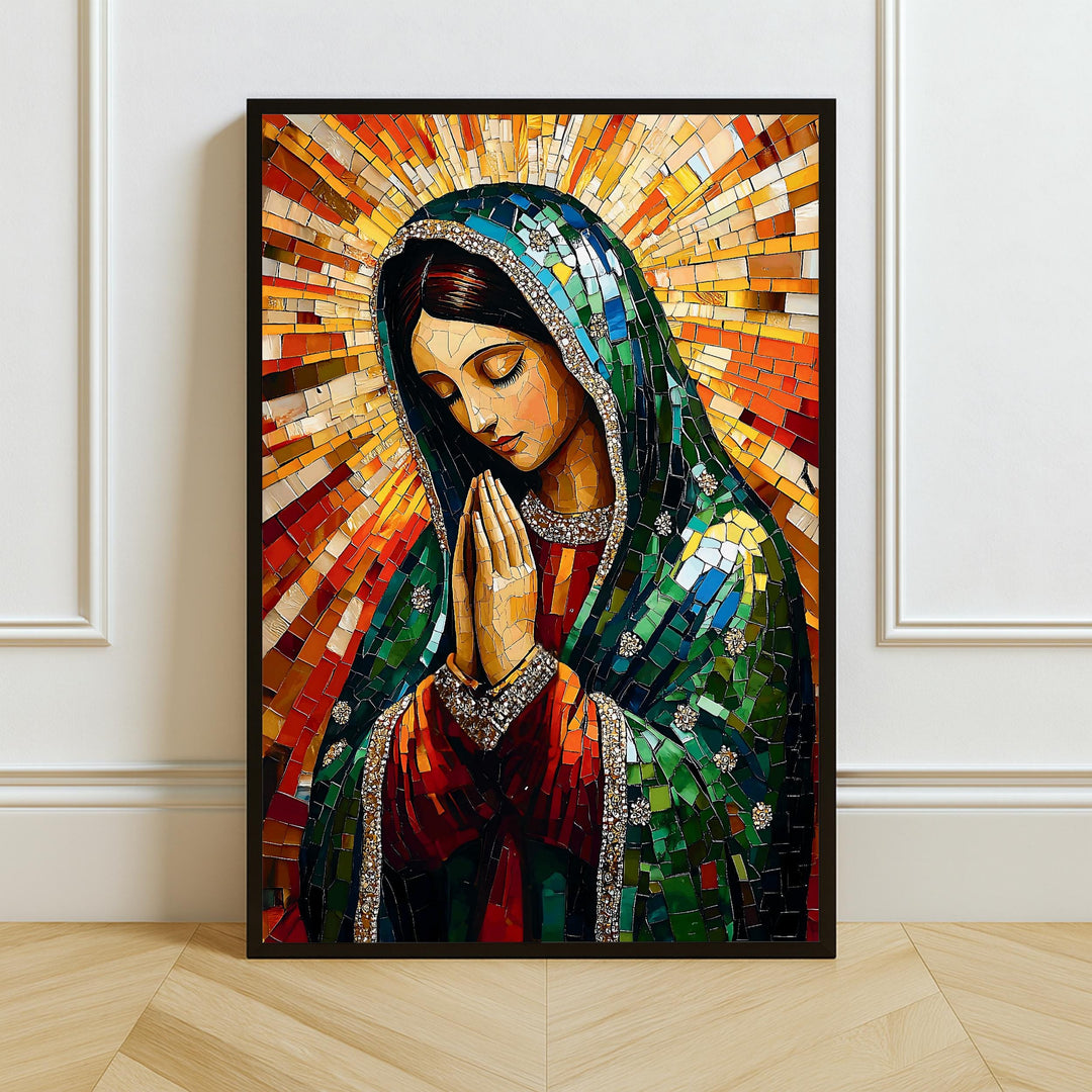 Mary of Guadalupe mosaic wall art full front view with vibrant colors and halo