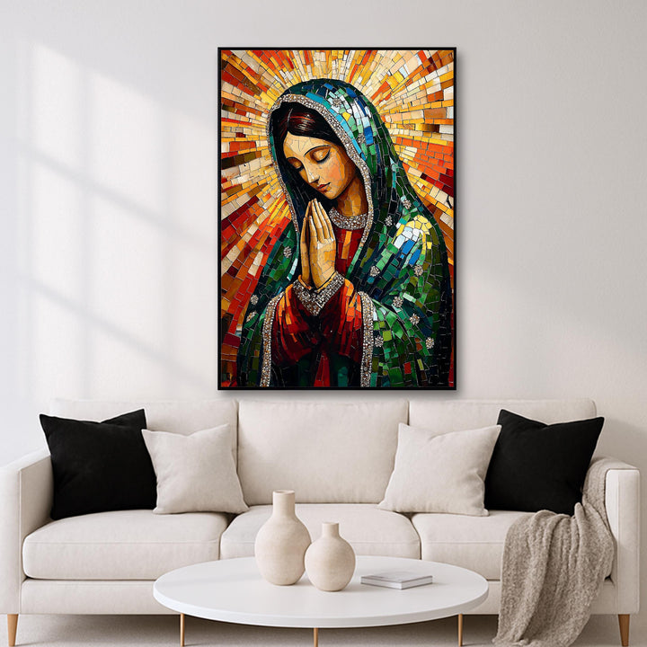 Close-up detail of mosaic texture and vivid coloration on the Virgin Mary artwork