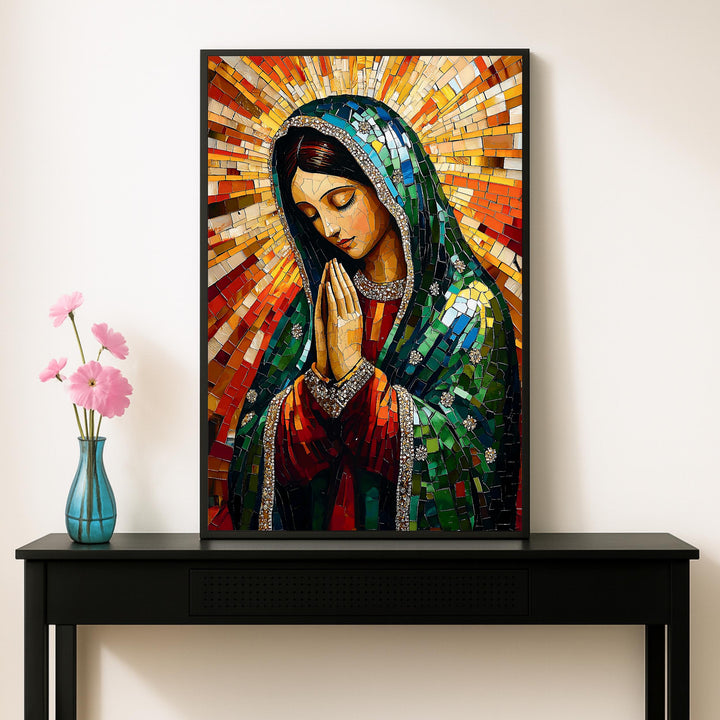 Angled view showing depth and stretcher frame of the sacred wall decor piece