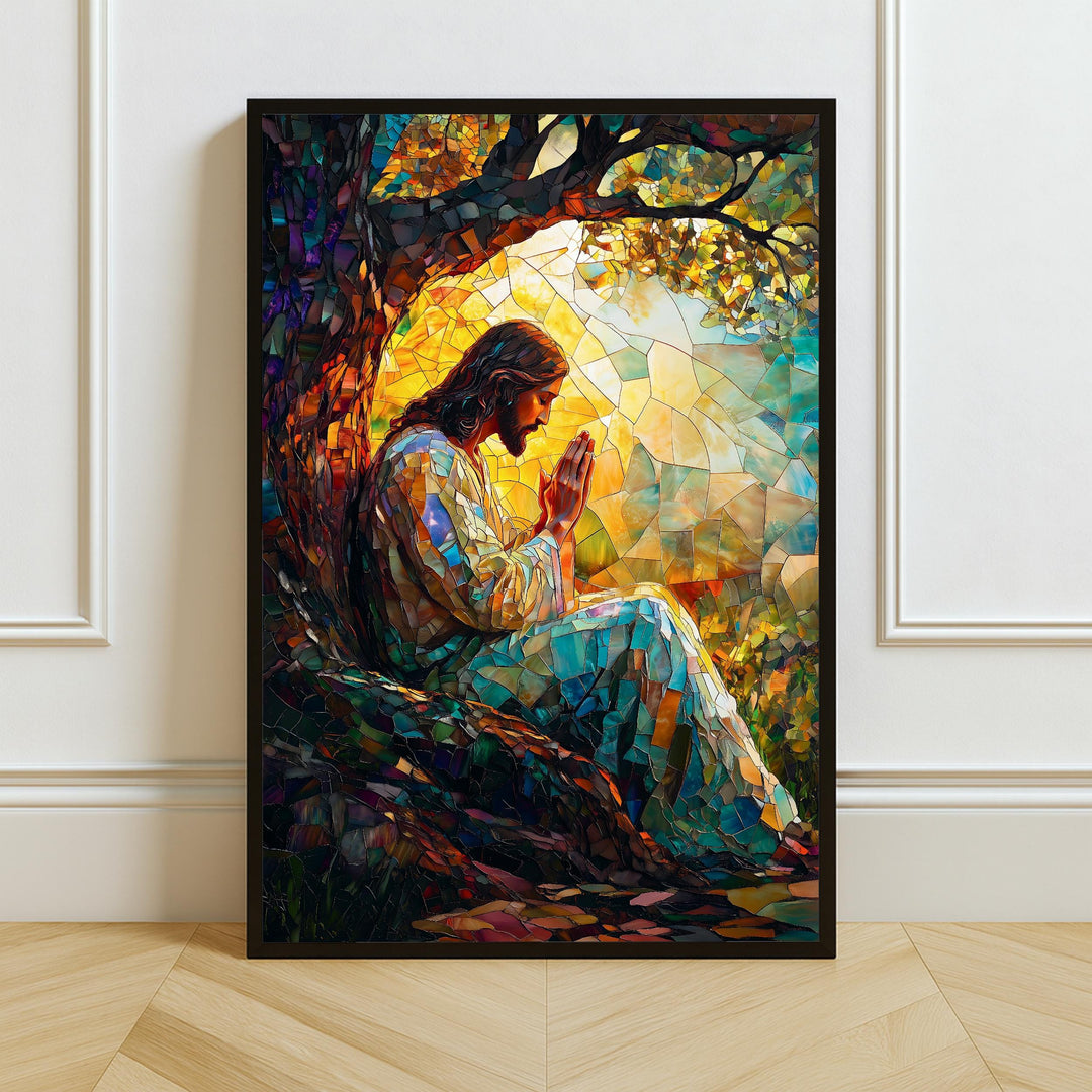 Jesus stained glass wall art full view with vibrant blues and reds