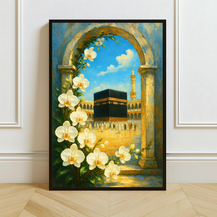 Kaaba Arch Islamic Art print on premium canvas with gold floral design