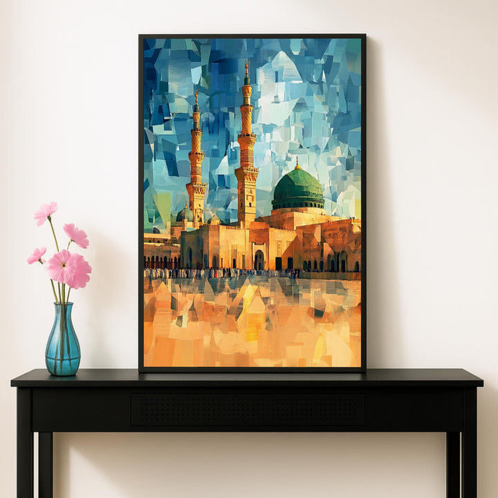 Detail shot of oil-tone mosque geometry in wall art