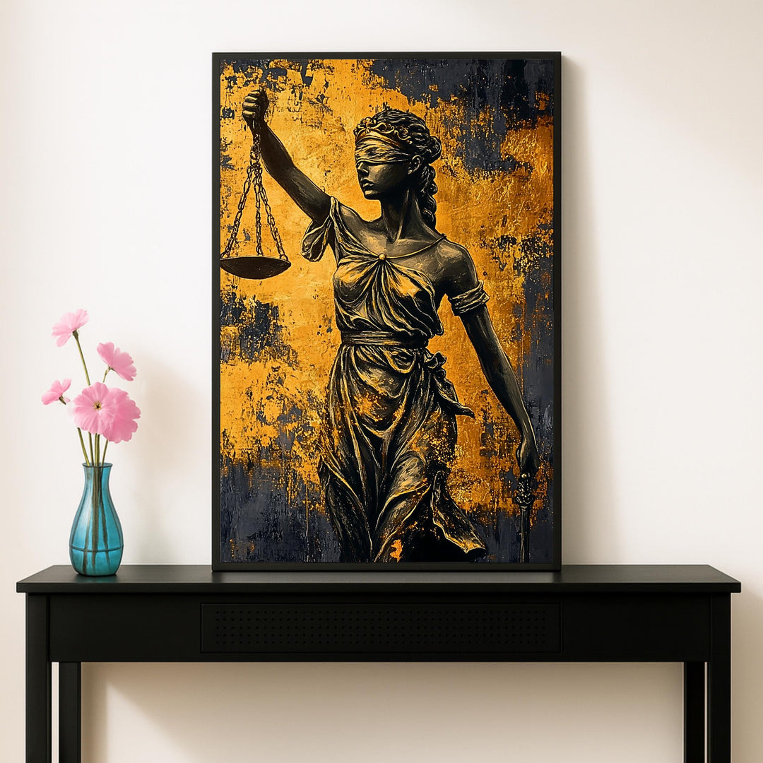 Portrait-style wall art featuring Lady Justice on archival paper texture