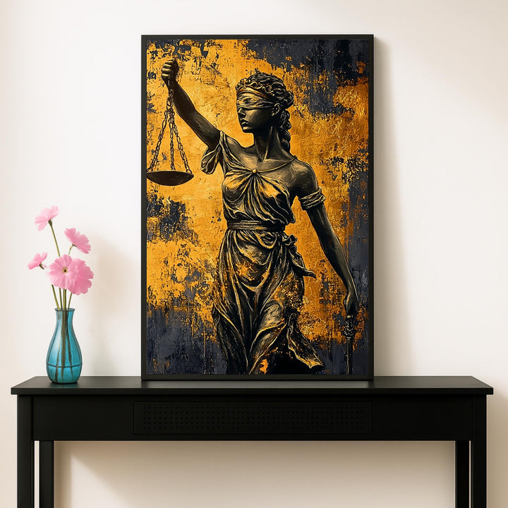 Portrait-style wall art featuring Lady Justice on archival paper texture