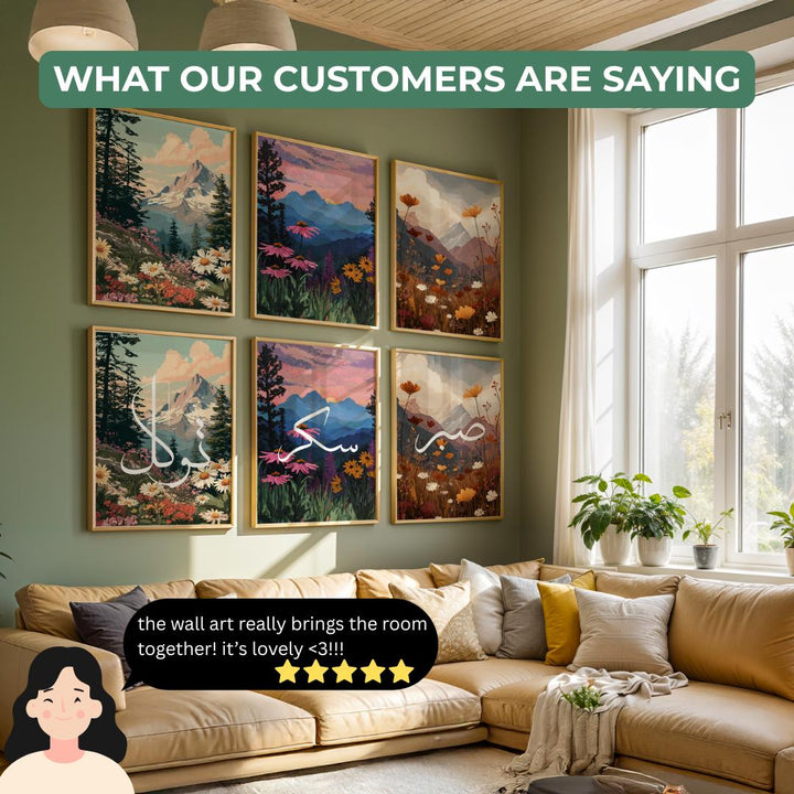 Close-up detail of floral mountain design with intricate botanical accents