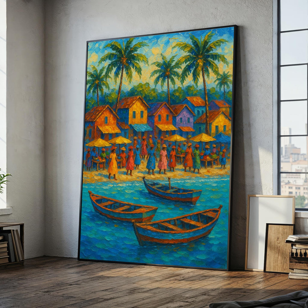 Vibrant tropical village canvas painting with palm trees and boats, ready to hang