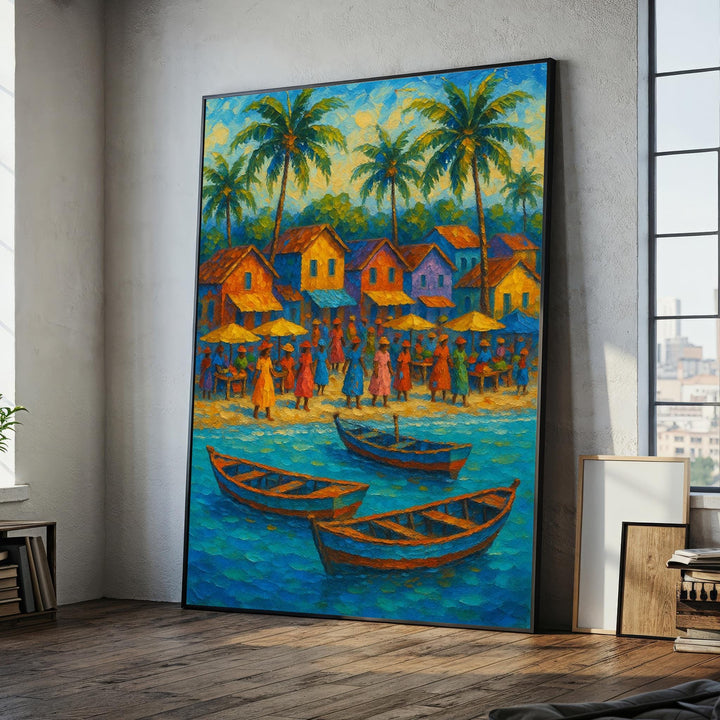 Vibrant tropical village canvas painting with palm trees and boats, ready to hang