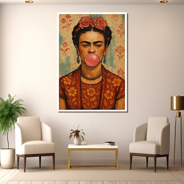 abstract color blocks and frida kahlo portrait on canvas