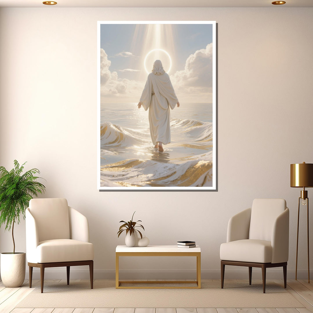 Religious wall decor: Jesus walking on water, faith-inspired canvas