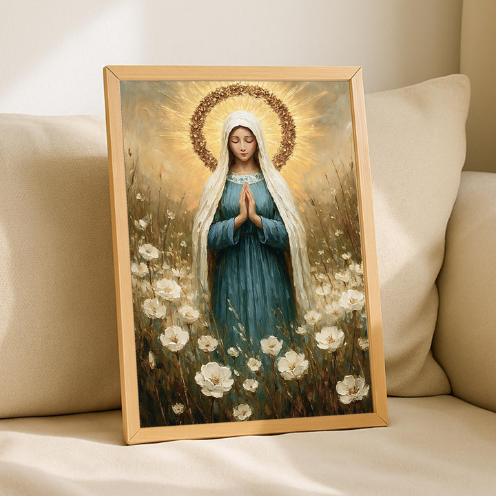 Close view of Virgin Mary floral halo with subtle gold highlights