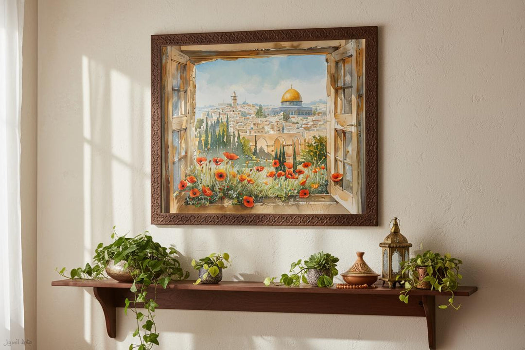 Islamic Art poster with Dome of the Rock and geometric backdrop