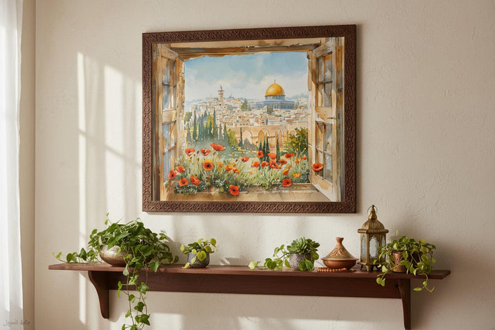 Islamic Art poster with Dome of the Rock and geometric backdrop