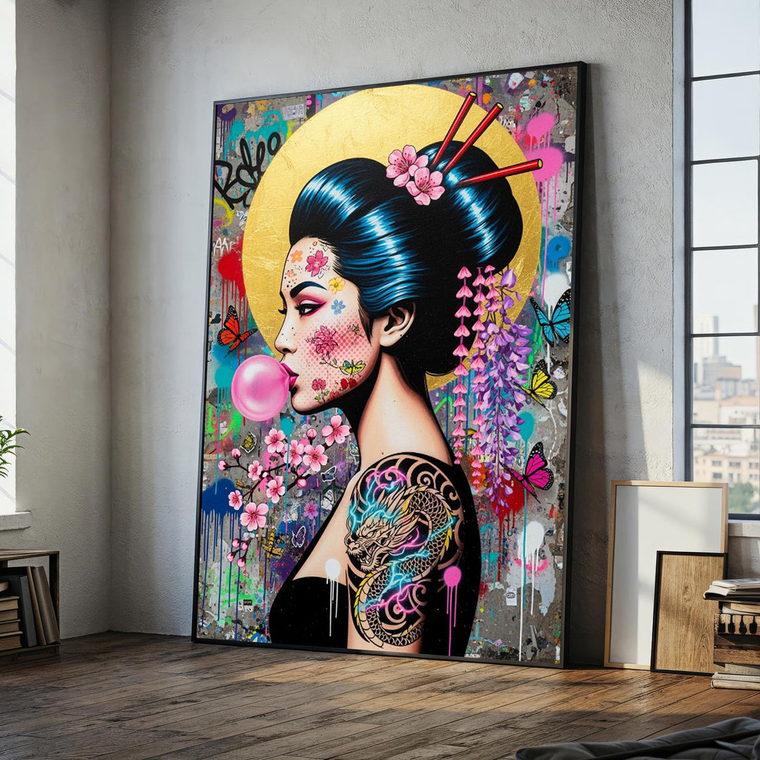 Graffiti Geisha canvas with neon pink and teal accents