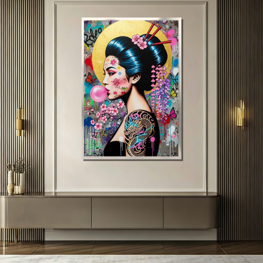 Close-up of neon graffiti texture on Geisha artwork