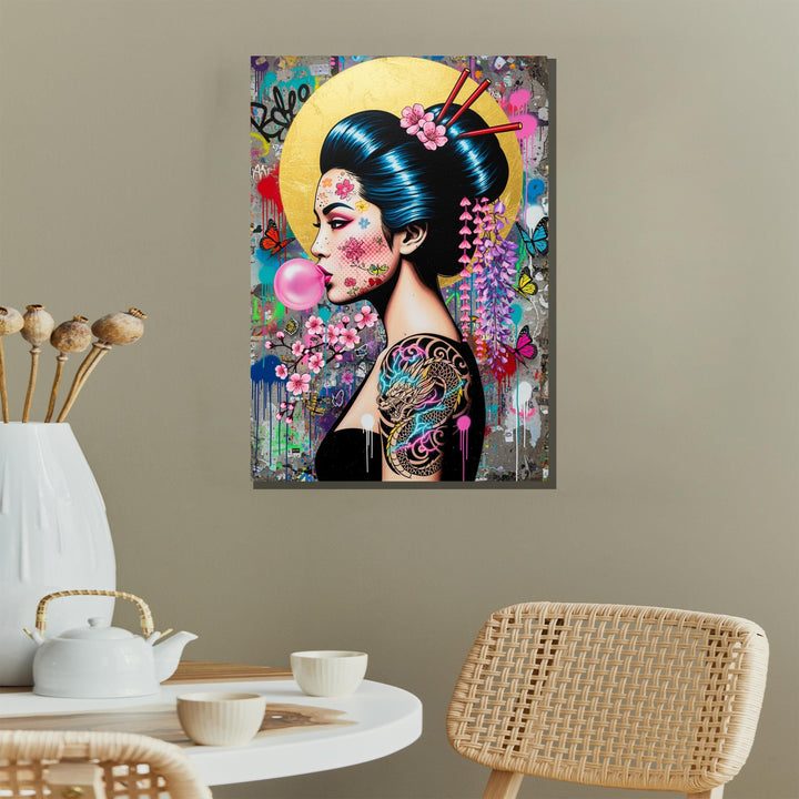 Abstract Japanese pop art Geisha canvas with dragon imagery