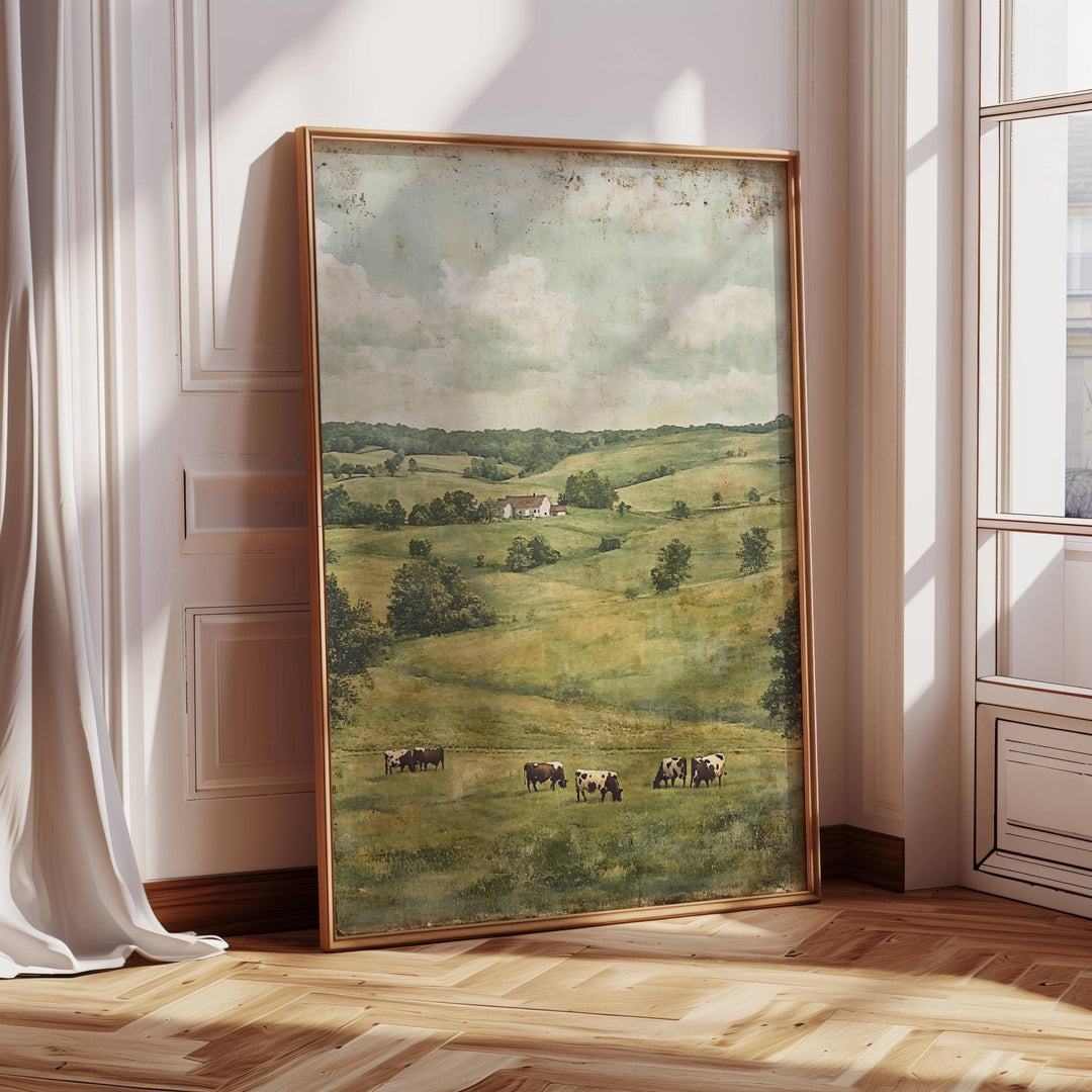 Pastoral landscape with cows grazing in a rolling countryside