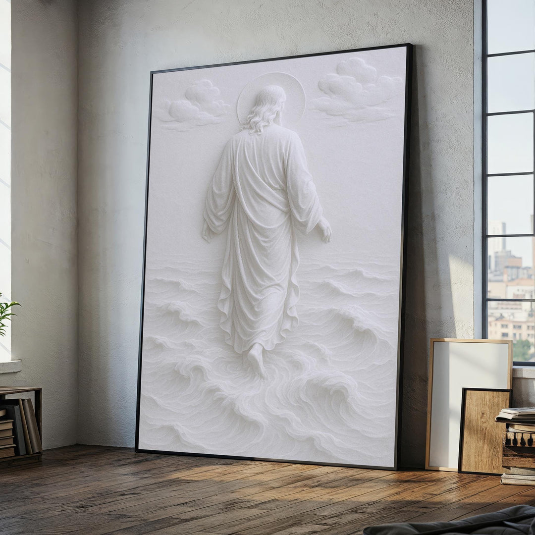 Jesus walking on water canvas wall art, large Christian painting ready to hang