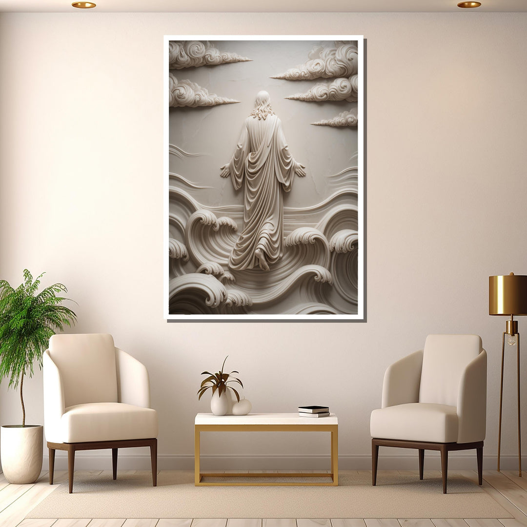 Neutral beige religious wall art on living room wall