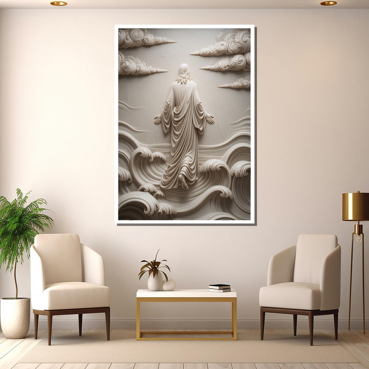 Neutral beige religious wall art on living room wall
