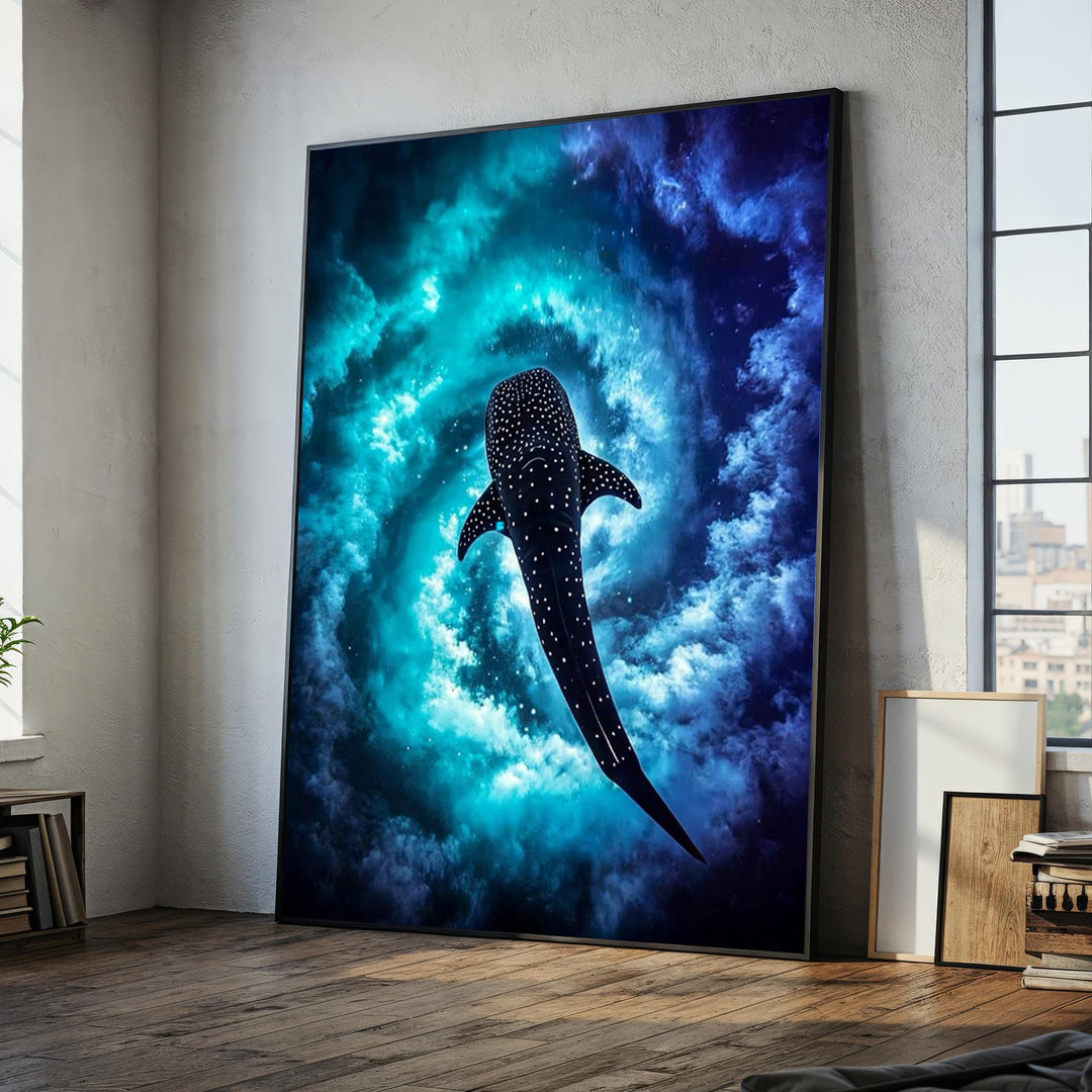 Whale shark cosmic ocean canvas wall art close-up view