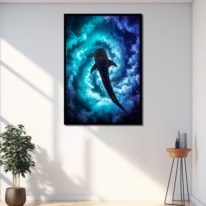 Large whale shark artwork on canvas with vivid blue space-inspired sea life
