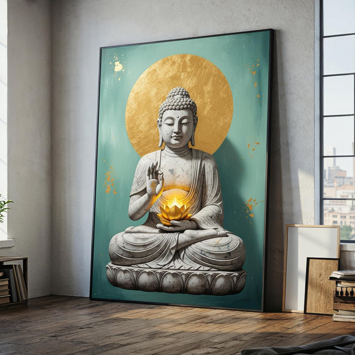 White Buddha canvas wall art with golden lotus centerpiece on neutral background