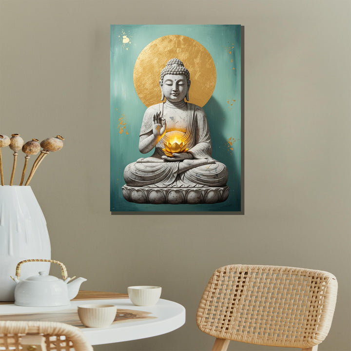 Ready-to-hang Buddha canvas wall art displayed in a modern interior