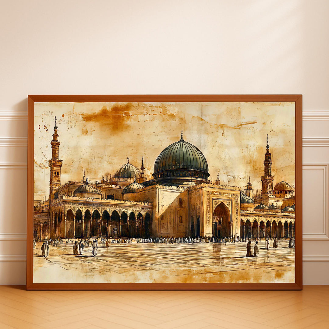 Masjid Al-Nabawi vintage Islamic art print with muted tones