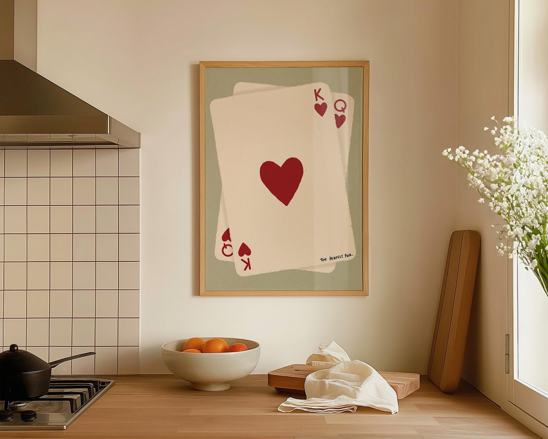 Bedroom poster featuring playing cards and romantic heart design