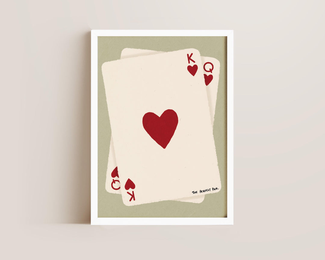 Romantic couple wall print with playing card motif for above bed