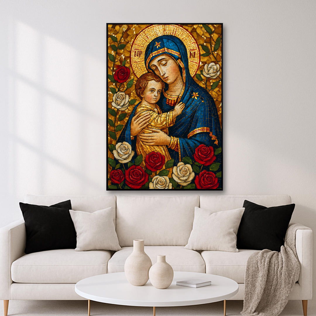 Close-up detail of mosaic icon design in rich colors