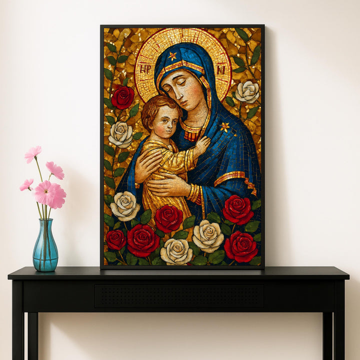 Virgin Mary and Baby Jesus mosaic icon with warm tones