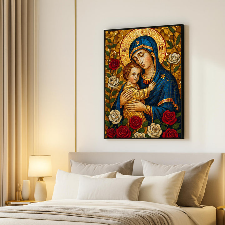 Warm-toned religious wall decor featuring Mary and Jesus