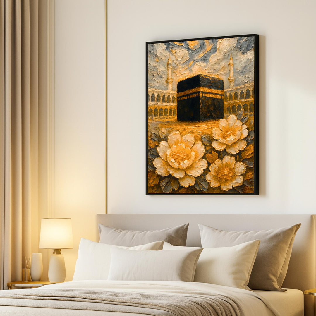 Gallery-style wall art showing Islamic floral Kaaba Mecca on canvas