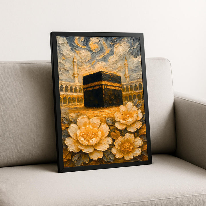 Golden mosque design on premium canvas wall art, ready to hang