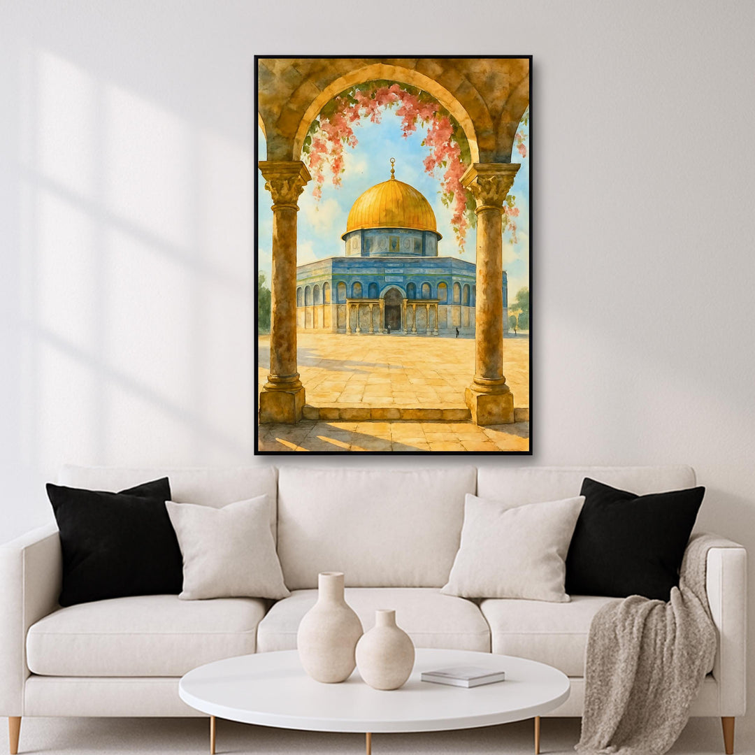 Watercolor Dome of the Rock depiction with warm tones, wall art