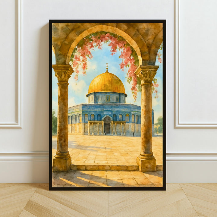 Dome of the Rock watercolor print, Islamic Jerusalem mosque, soft blue and gold tones