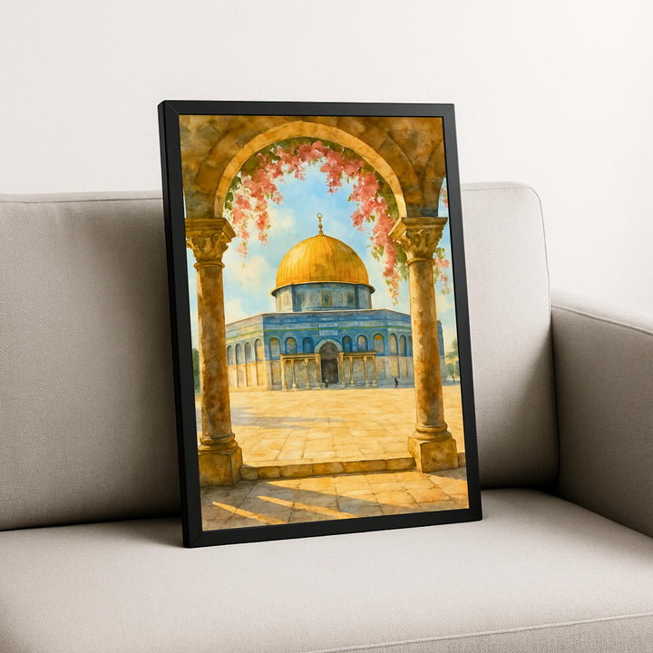 Dome of the Rock scene in delicate watercolor brushwork for home gallery